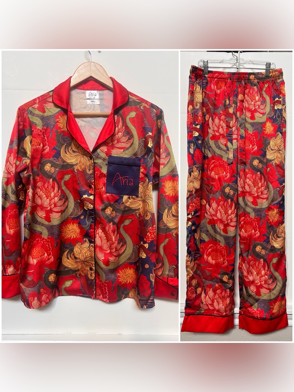 Aria by Averie Two-Piece Red Snake Print Satin Pajama Set Long Pants - Small - Picture 2 of 10